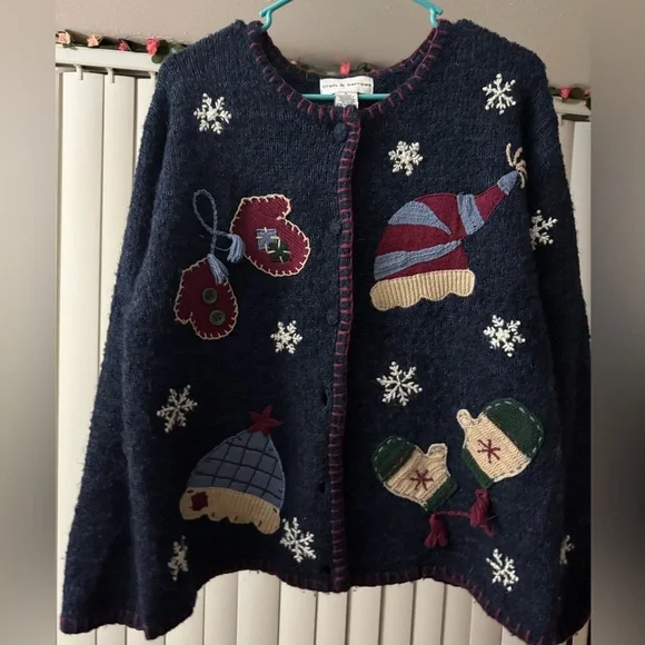 VTG Handknit Silk Mohair Cardigan Women's Large Blue Mitten Embroidery Winter - Picture 1 of 6